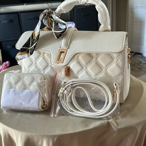 White Quilted Leather Satchel with Gold Hardware in Vegan Leather